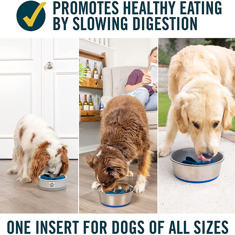 Three dogs of different sizes eating from bowls fitted with the Universal Propeller Slow Feeder Insert - Spiral Anti-Gulping Solution that promotes healthy eating by slowing digestion.