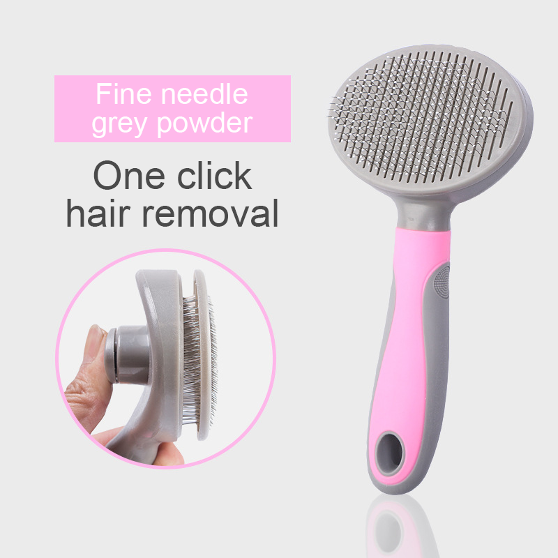 One-Click Self-Cleaning Slicker Brush - Professional Deshedding Tool with fine needle grey powder bristles and ergonomic pink and grey handle designed for easy one-click hair removal.