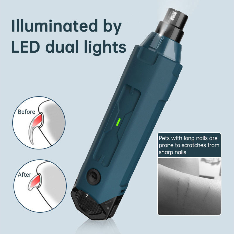 Elite Dual-Light Electric Pet Nail Grinder - High-Speed Precision Grooming Station shown with LED dual lights for safe, accurate nail grooming, illustrating before and after nail care to prevent scratches.
