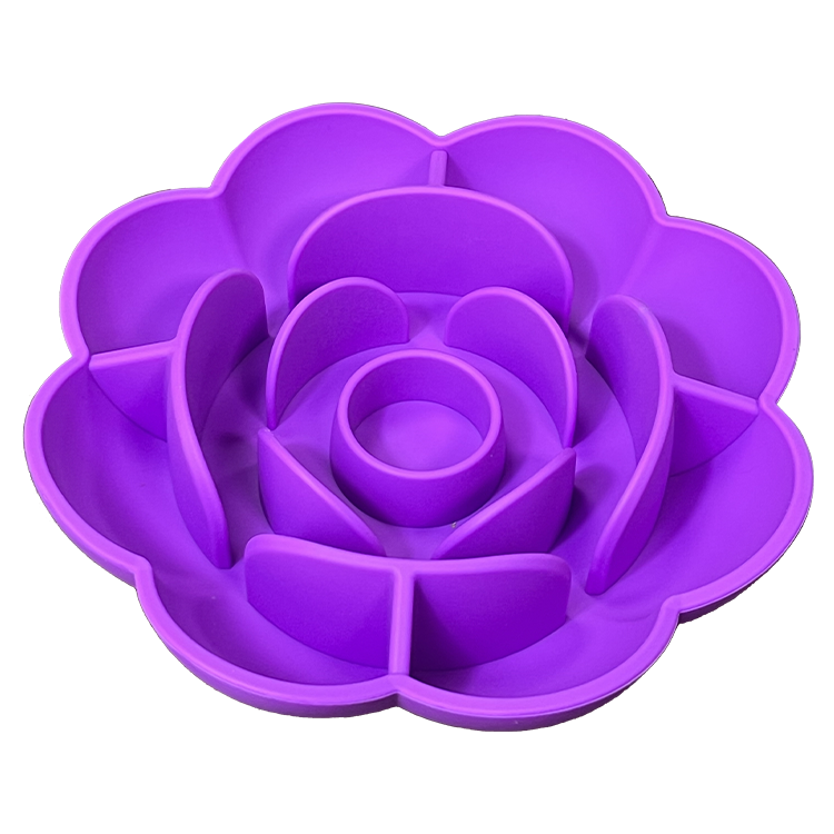 Silicone Flower Lick Bowl - Soothing Slow Feeder & Anxiety Relief Mat in vibrant purple, designed to promote slower eating and reduce pet anxiety with its durable, flower-shaped silicone structure.