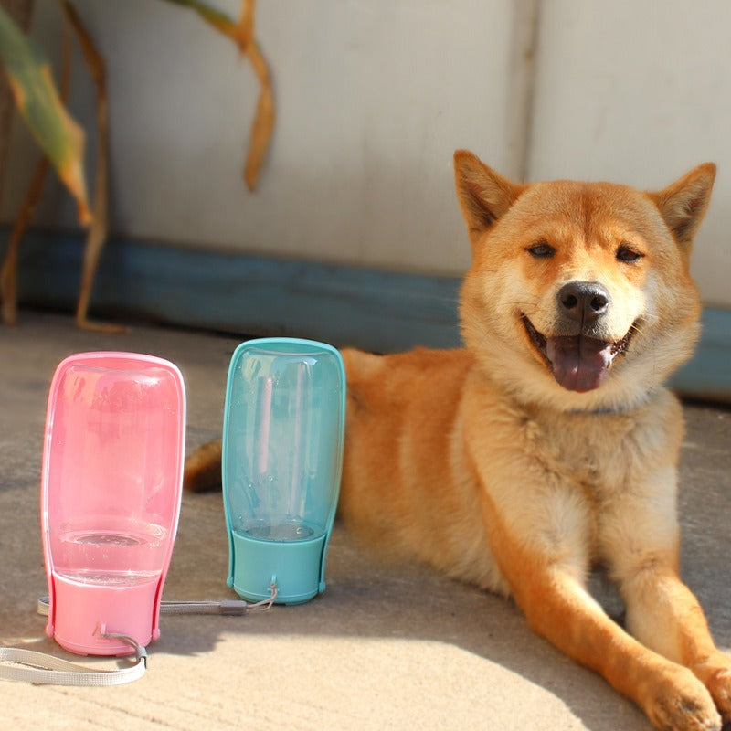 Happy dog resting next to two Large Capacity Folding Travel Cup - 550ml Portable Hydration Station bottles in pink and blue, designed for convenient hydration during outdoor activities.