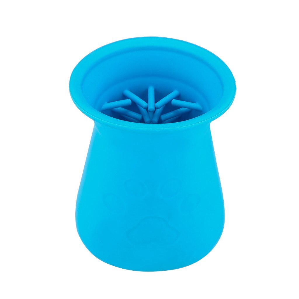 Blue soft silicone 2-in-1 dog paw cleaner & grooming brush designed for easy paw cleaning and gentle grooming, featuring an ergonomic shape and flexible bristles.
