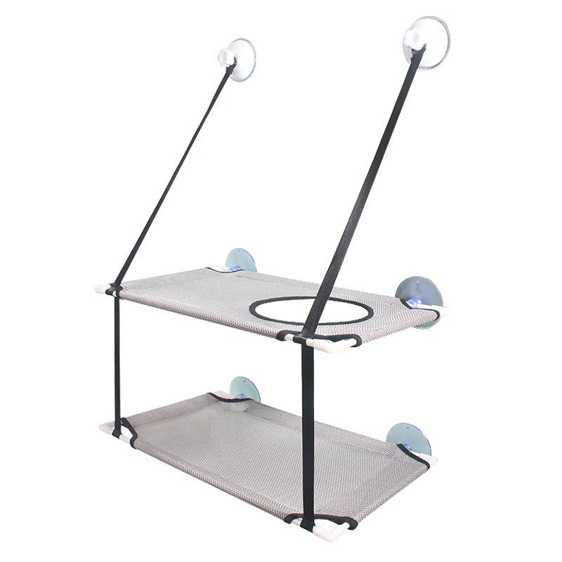 Double-Decker Cat Window Hammock - Multi-Level Sun Lounger & Space-Saving Glass-Mounted Perch with two mesh lounging tiers and secure suction cups for cats to relax and enjoy sunlight.