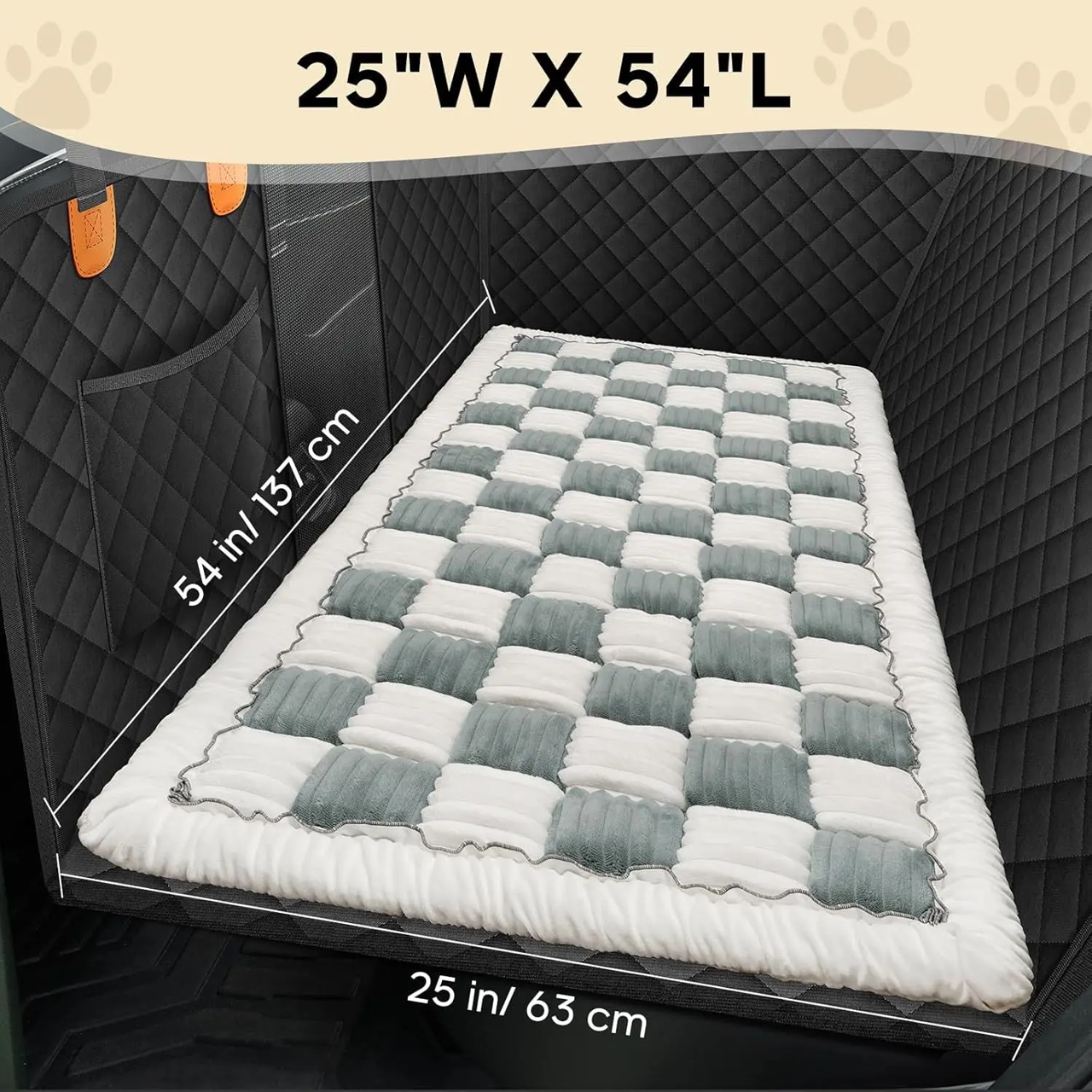 Designer Checkered Travel Dog Bed - Thickened Quilted Car Seat Mat - Nonslip Portable Pet Sleeping Pad in a checkered pattern placed on a car seat with quilted black sides and orange accents.