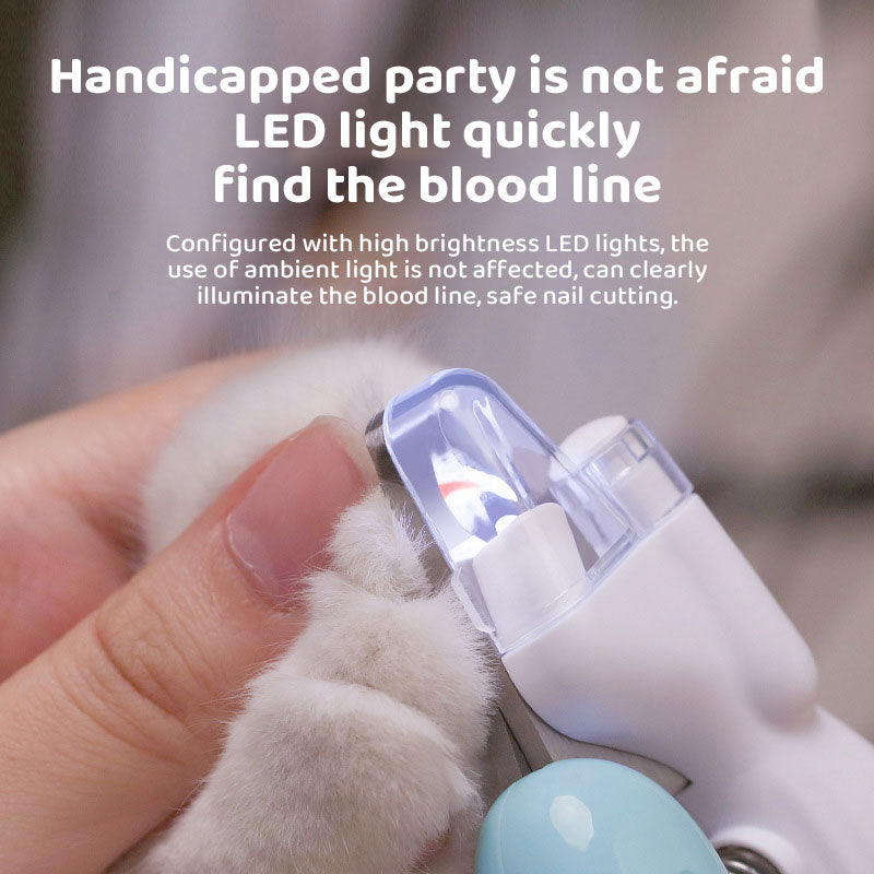 Close-up of a person using LED Illuminated Dog Nail Clippers - Professional Grooming Trimmer with Safety Guard to carefully trim a pet's nails, highlighting the built-in LED light to illuminate the blood line for safe cutting.