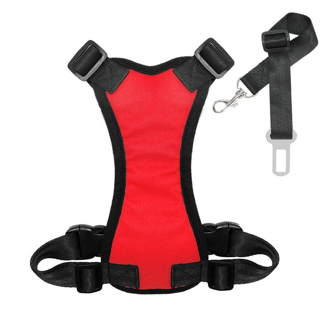 Red breathable mesh dog harness with black adjustable straps and seatbelt lead clip, designed as the 2-in-1 Dog Car Safety System - Breathable Mesh Harness & Adjustable Seatbelt Lead - No-Choke Vehicle Restraint.