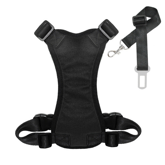 Black breathable mesh dog harness with adjustable straps and matching seatbelt lead for vehicle safety, part of the 2-in-1 Dog Car Safety System - Breathable Mesh Harness & Adjustable Seatbelt Lead - No-Choke Vehicle Restraint.