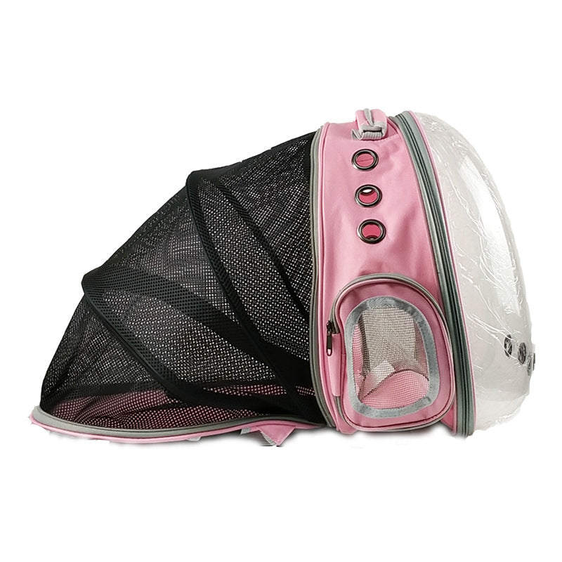 Panoramic Expandable Space Capsule - Premium Pet Travel Backpack in pink with transparent front, expandable mesh sides, ventilation rings, and zippered side pocket for comfortable pet travel.