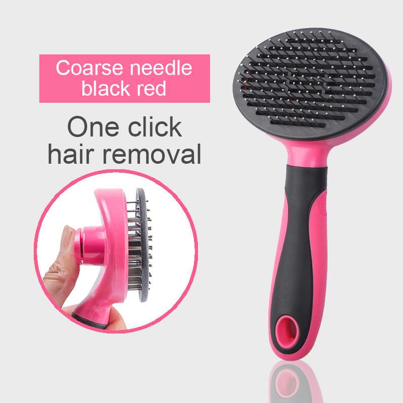 One-Click Self-Cleaning Slicker Brush - Professional Deshedding Tool in black and red with ergonomic handle and coarse needle design for effortless pet hair removal.
