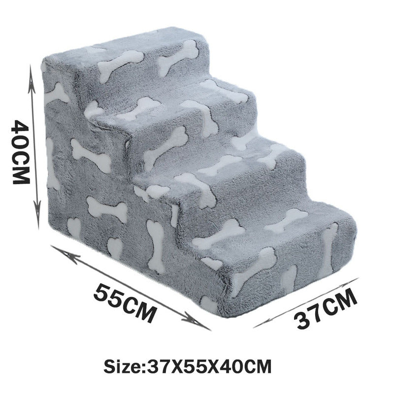 Tiered High-Density Foam Pet Stairs - Nonslip Pet Steps for High Beds & Sofas - Easy-Access Joint Support with soft gray plush covering and white bone patterns, measuring 37x55x40 cm.