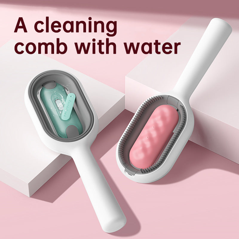2-in-1 Water Tank Grooming Rake - Advanced Wet-Cleaning Deshedding Brush shown with removable water tank and ergonomic handle for efficient pet grooming and easy cleaning.