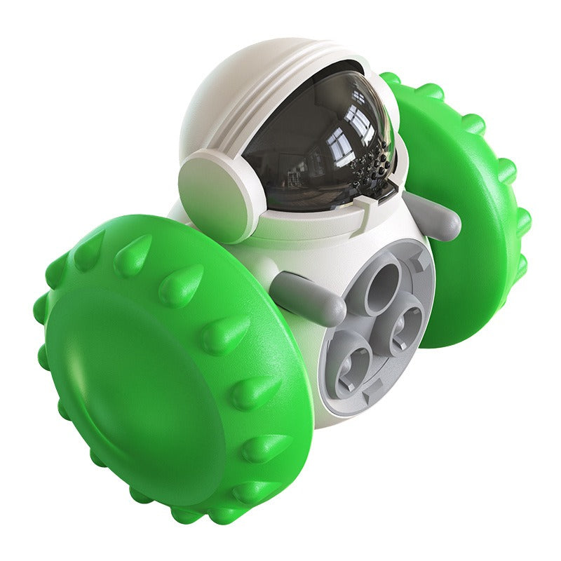 Interactive Tumbler Balance Car Feeder - Slow Feed Toy for Cats & Dogs designed as a white astronaut with green textured wheels, encouraging playful feeding and mental stimulation.