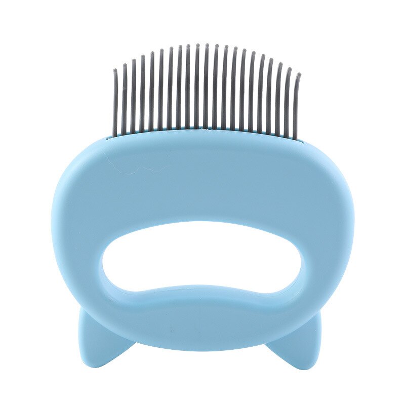 Feline Shell Massage Comb - Whisker-Friendly Soft-Needle Deshedding Tool with ergonomic blue handle and flexible black needles designed for gentle cat grooming and hair removal.