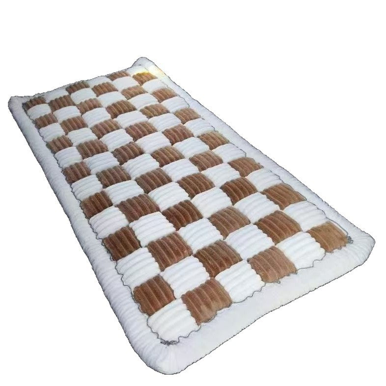 Designer Checkered Travel Dog Bed - Thickened Quilted Car Seat Mat - Nonslip Portable Pet Sleeping Pad in a soft, padded checkered pattern with brown and white cushion squares for comfortable pet travel.