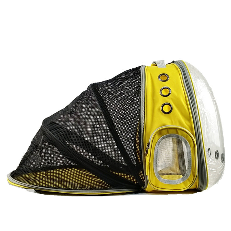 Side view of a yellow Panoramic Expandable Space Capsule - Premium Pet Travel Backpack with mesh expandable section, ventilation holes, and a transparent dome for pet comfort during travel.