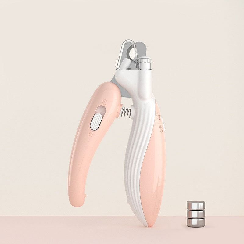 LED Illuminated Dog Nail Clippers - Professional Grooming Trimmer with Safety Guard in pink and white with ergonomic handles and detachable metal weights beside it.