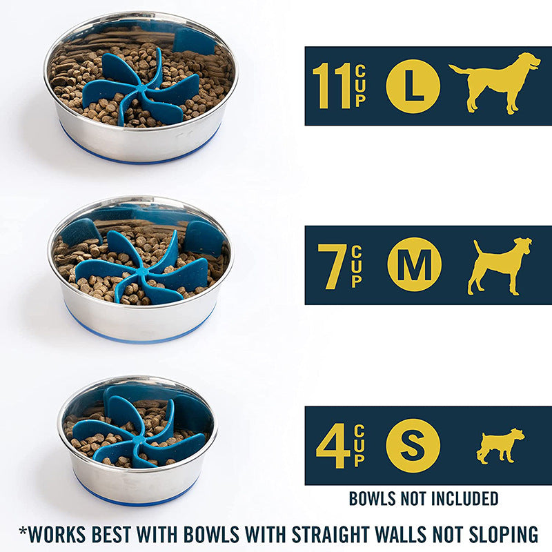 Three stainless steel pet bowls with blue Universal Propeller Slow Feeder Insert - Spiral Anti-Gulping Solution in large, medium, and small sizes shown with kibble inside and capacity labels indicating 11, 7, and 4 cups respectively, designed to slow pet eating and prevent gulping.