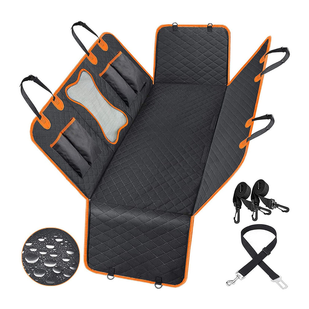 Heavy-Duty Dog Car Hammock - Waterproof Rear Seat Protector with Mesh Visual Window & Side Flaps - XL Universal Fit, shown unfolded with adjustable straps and safety tether, designed for durable outdoor dog gear.