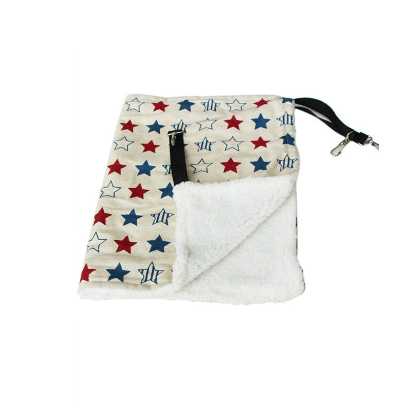 Thermal Hanging Cat Hammock - Double-Sided Winter Warm Fleece Bed for Cages, Crates & Chairs with red, blue, and white star pattern and plush white fleece interior for cozy pet comfort.