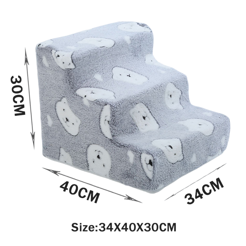 Tiered High-Density Foam Pet Stairs - Nonslip Pet Steps for High Beds & Sofas - Easy-Access Joint Support with soft gray fabric covered in white bear faces, showing size dimensions.