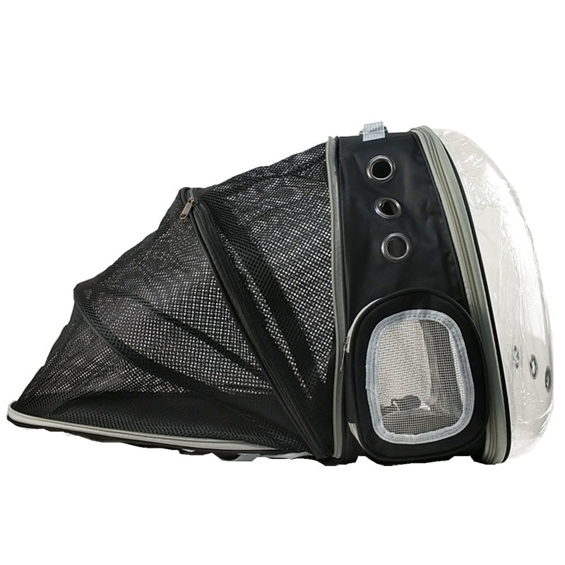 Side view of a Panoramic Expandable Space Capsule - Premium Pet Travel Backpack with mesh expandable netting and a clear bubble window for pet visibility and ventilation.