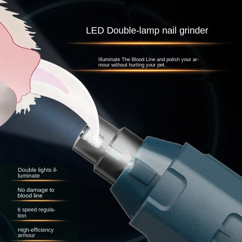 Elite Dual-Light Electric Pet Nail Grinder - High-Speed Precision Grooming Station showing a close-up of the grinder tip gently filing a pet's nail with dual LED lights illuminating the nail for safe trimming.