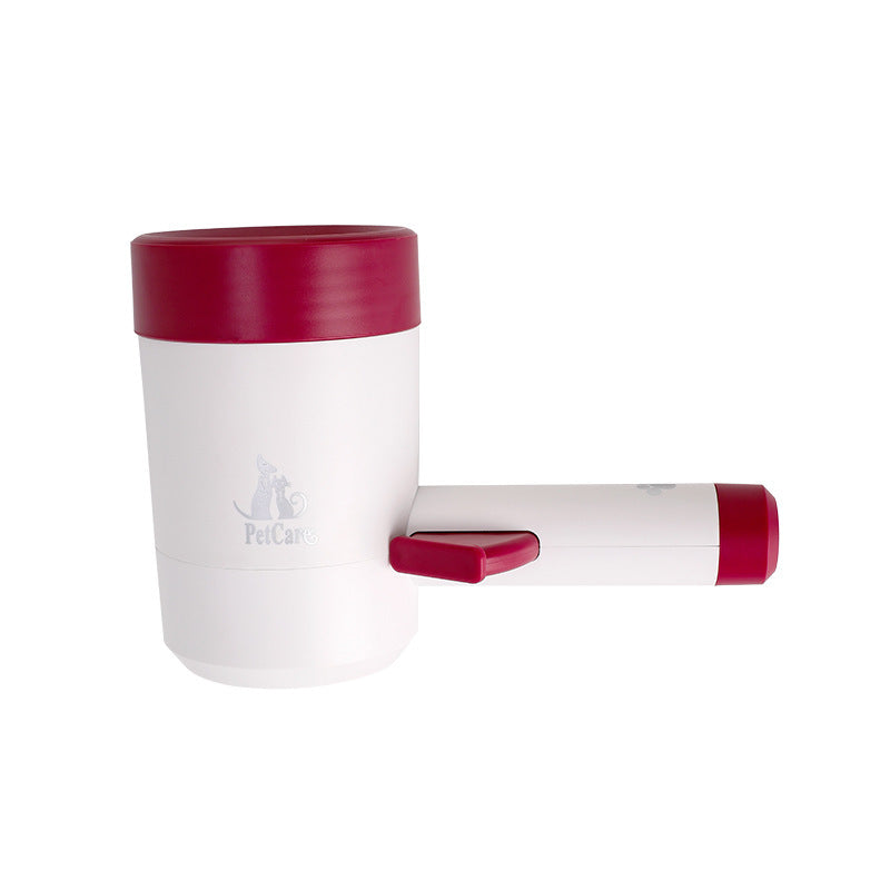 Automatic Electric Dog Paw Cleaner - 360° Rotating Scrub-Free Washer in white and red, designed for easy and effective pet paw cleaning.