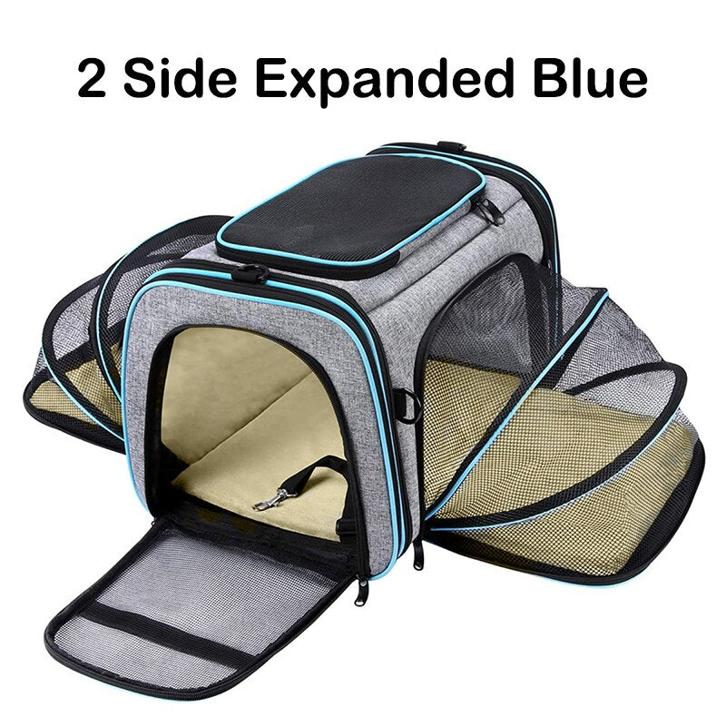 Professional Mesh Adventure Backpack - Expandable High-Ventilation Travel Carrier shown in blue and gray with two side mesh expansion panels for increased ventilation and space.