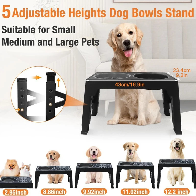Adjustable Elevated Slow Feeding Station - Orthopedic Raised Stand with Anti-Choke Bowl shown with five height options suitable for small to large dogs, featuring black dual bowls and sturdy legs.