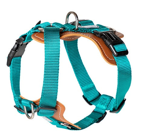 Professional Tactical No-Pull Harness - Heavy-Duty Outdoor Training Vest in teal with durable nylon straps, reinforced leather padding, metal rings, and adjustable buckles for secure fit and control.