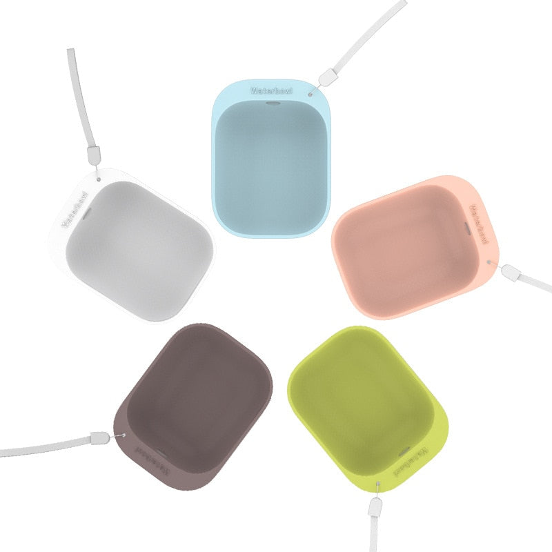 Five colorful Universal Pet Hydration Adapter – Portable Bottle Attachment & Travel Drinking Scoops arranged in a circle, featuring soft pastel shades with attached lanyards for easy carrying.