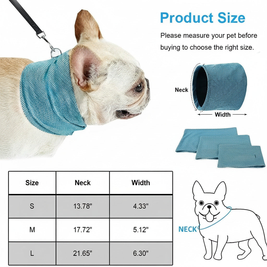 White French Bulldog wearing a blue Instant-Refresh Cooling Bandana - Evaporative Heatstroke Prevention Collar, shown with size chart and measurement guide for neck circumference and width to ensure proper fit.