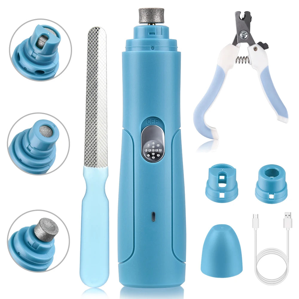 Professional Electric Pet Nail Grinder - Quiet USB Rechargeable Painless Trimmer in blue with multiple grinding heads, nail file, nail clippers, USB charging cable, and protective cover.