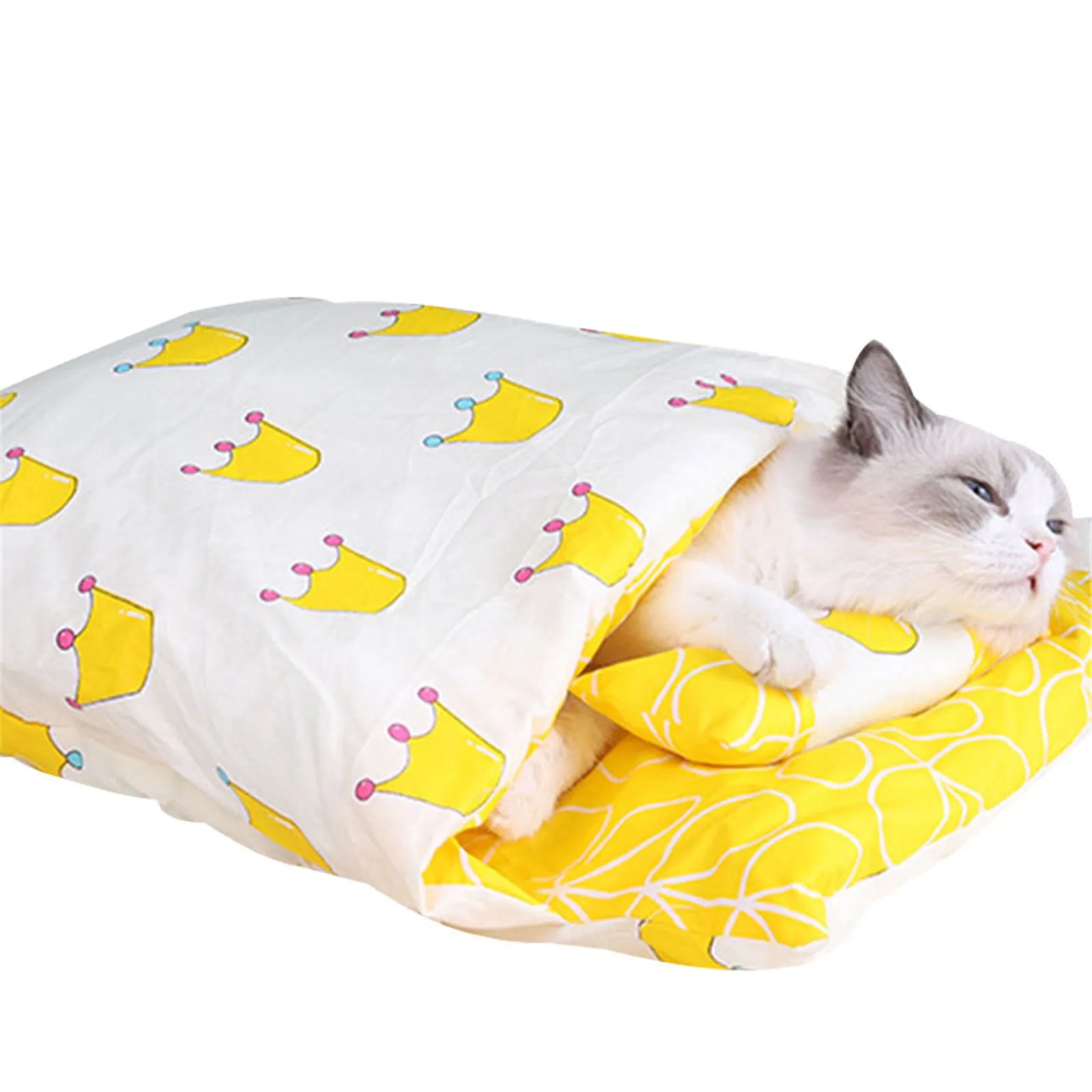 A relaxed cat resting inside the Deep-Sleep Cat Sleeping Bag - Self-Warming Burrower Bed & Thermal Hideaway with yellow and white patterned soft fabric designed for cozy warmth and comfort.