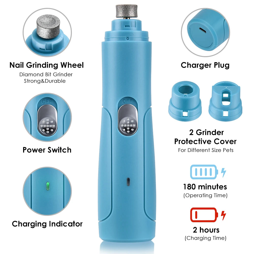 Professional Electric Pet Nail Grinder - Quiet USB Rechargeable Painless Trimmer with diamond bit grinding wheel, power switch, charging indicator, charger plug, and two protective covers for different pet sizes.