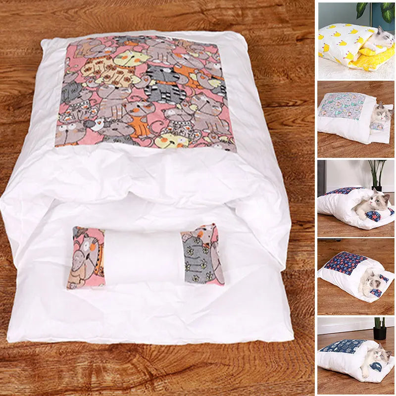 White and pink patterned Deep-Sleep Cat Sleeping Bag - Self-Warming Burrower Bed & Thermal Hideaway on wooden floor, designed for cozy, warm cat comfort and burrowing.