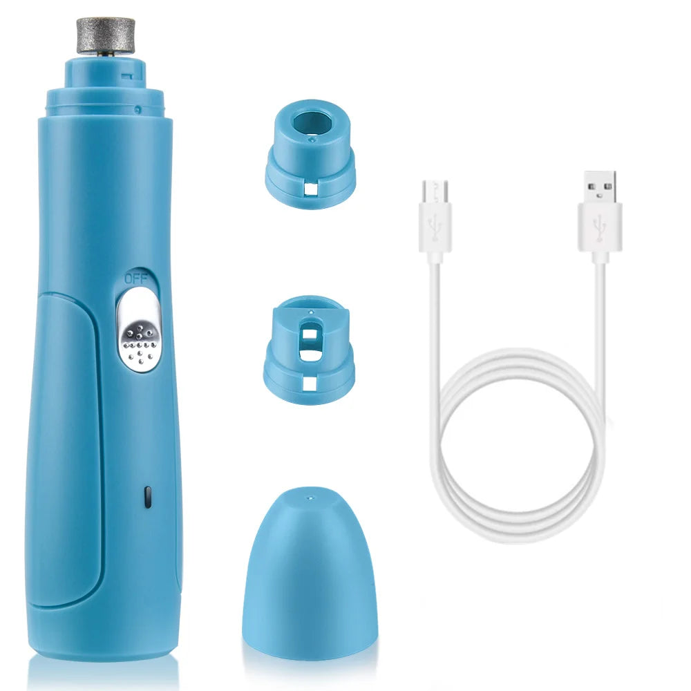 Professional Electric Pet Nail Grinder - Quiet USB Rechargeable Painless Trimmer in blue with multiple grinding attachments and a USB charging cable for convenient pet grooming.