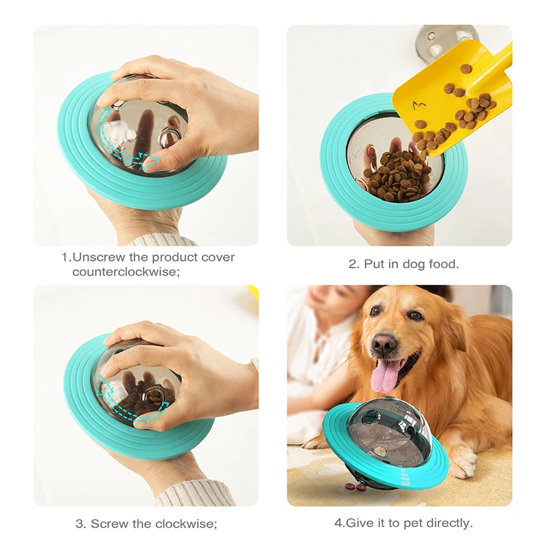 Step-by-step demonstration of using the Interactive Flying Saucer Puzzle Feeder - IQ Training & Slow Feed Toy with a turquoise rim, showing unscrewing the cover, filling with dog food, screwing the cover back on, and a happy golden retriever interacting with the toy.