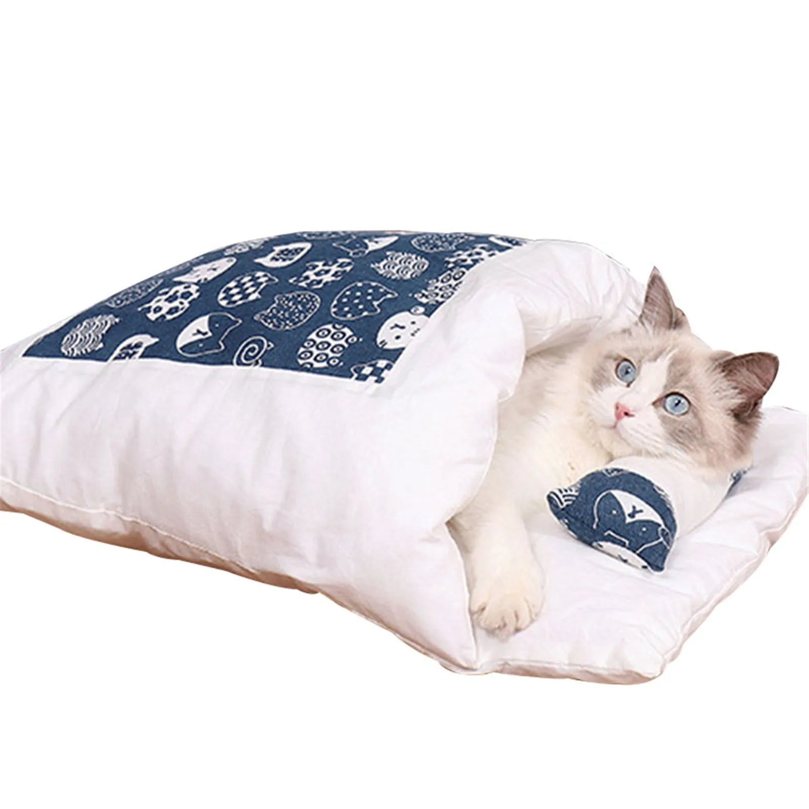 White and navy cat bed featuring a cozy interior with cat pattern accent, shown with a relaxed cat inside the Deep-Sleep Cat Sleeping Bag - Self-Warming Burrower Bed & Thermal Hideaway.