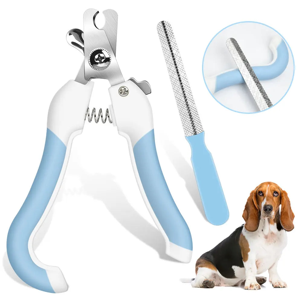 Professional Electric Pet Nail Grinder - Quiet USB Rechargeable Painless Trimmer shown alongside blue and white pet nail clippers and a light blue nail file, with a sitting basset hound dog.