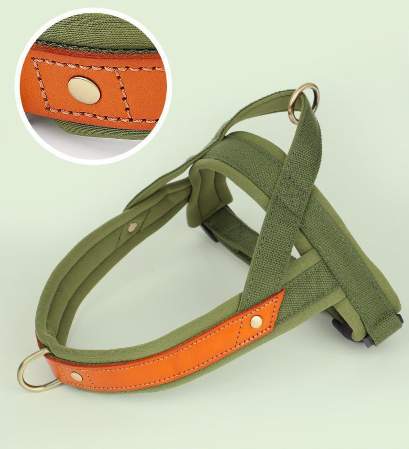 Ergonomic Soft-Padded No-Pull Harness - Reflective Anti-Slip Training Vest in olive green with soft padding and durable orange leather accents, designed for comfortable and secure dog training.