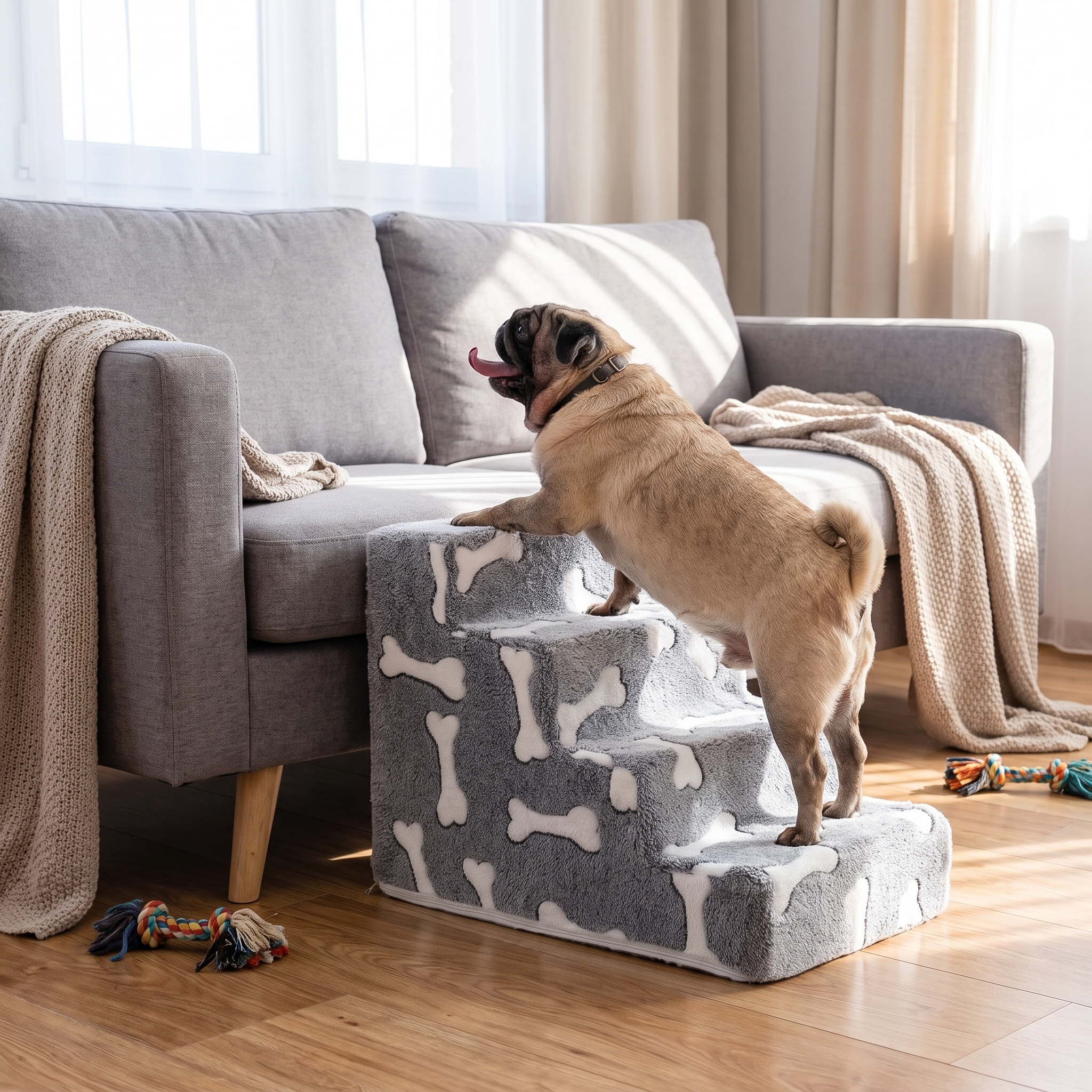 Tiered High-Density Foam Pet Stairs - Nonslip Pet Steps for High Beds & Sofas - Easy-Access Joint Support with a pug climbing toward a couch