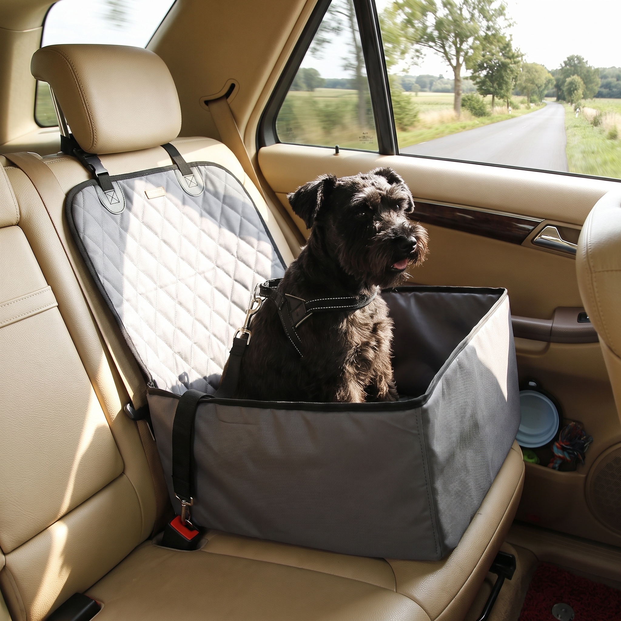 Heavy-Duty Dog Car Booster Seat - Waterproof & Nonslip Safety Basket for Front or Back Seat with a black dog secured on a car seat