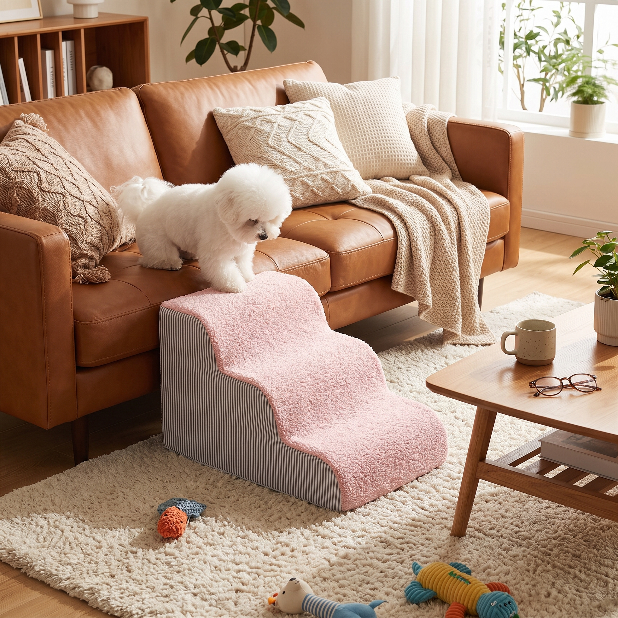 Orthopedic Curved Dog Ramp - High-Density Foam Pet Stairs for Small & Senior Pets - IVDD Safe with a small white dog using the ramp beside a sofa