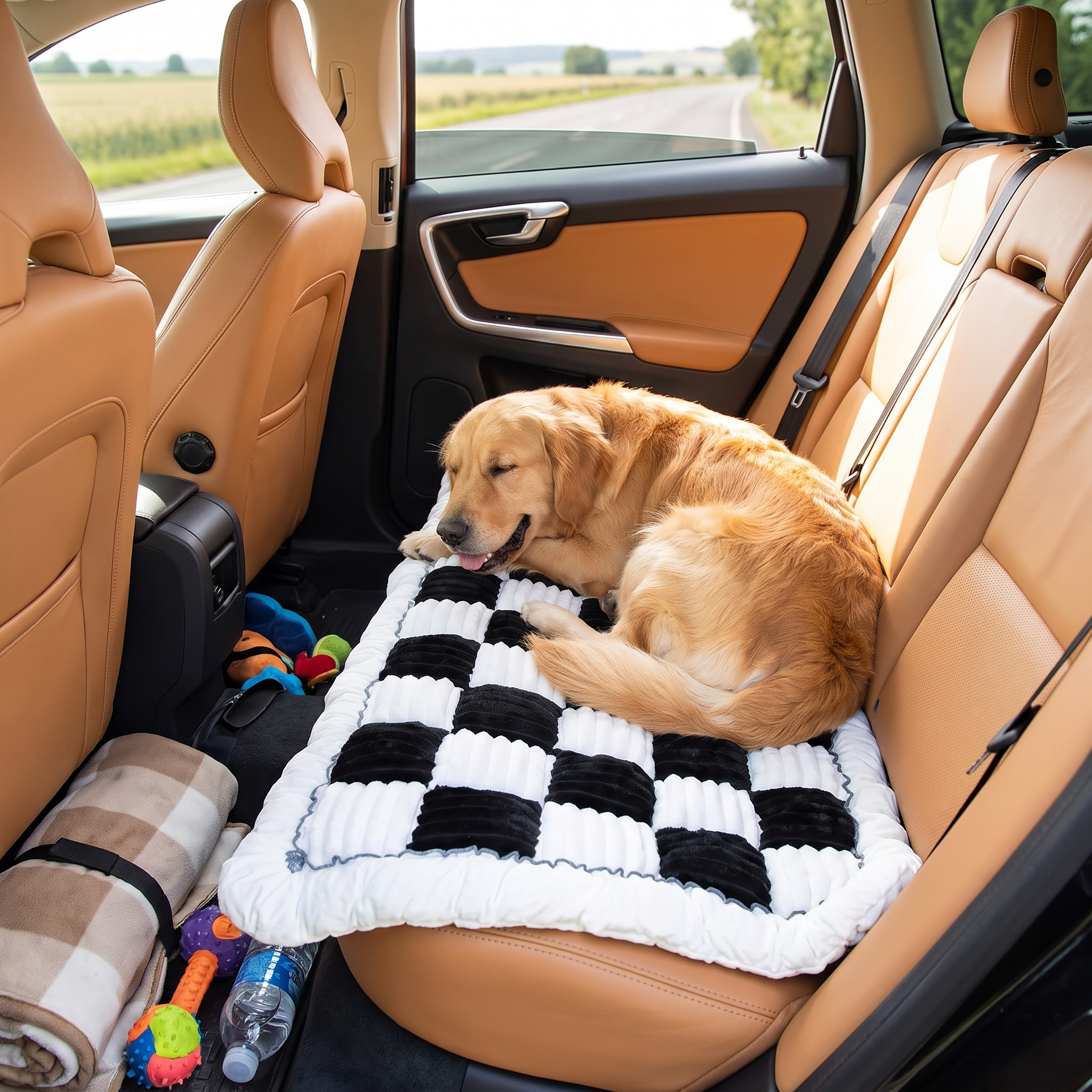 Designer Checkered Travel Dog Bed - Thickened Quilted Car Seat Mat - Nonslip Portable Pet Sleeping Pad with a golden retriever resting comfortably in a car back seat