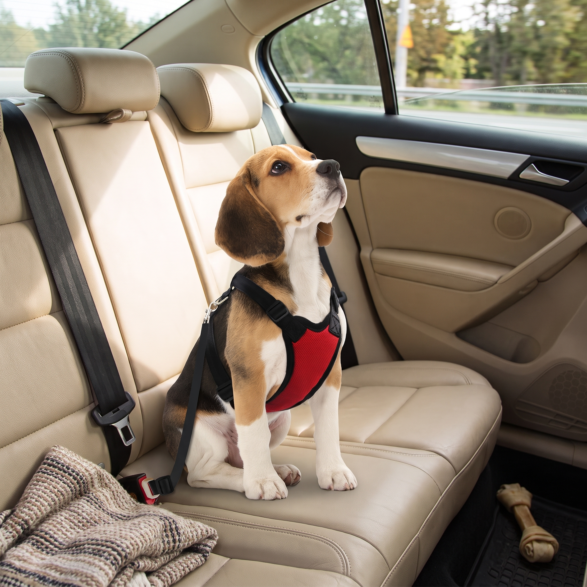 2-in-1 Dog Car Safety System - Breathable Mesh Harness & Adjustable Seatbelt Lead - No-Choke Vehicle Restraint shown securing a beagle in a car back seat