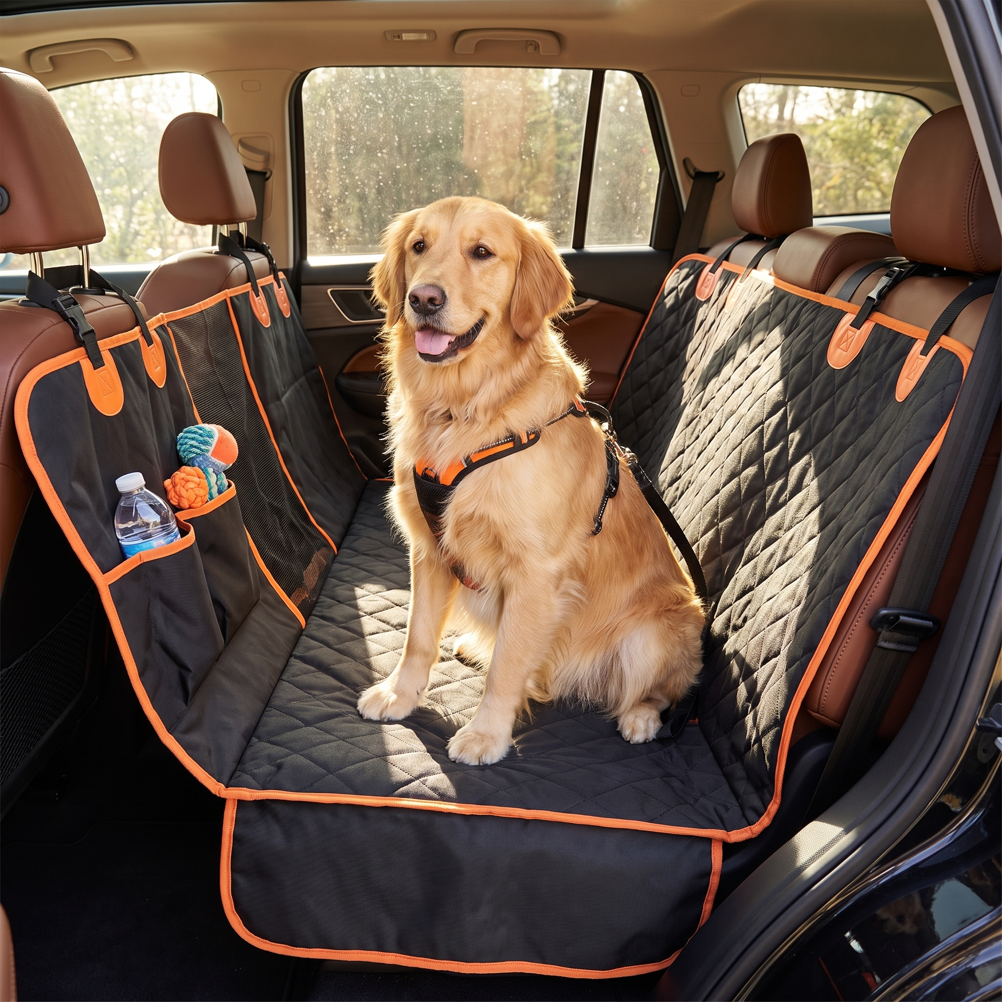 Heavy-Duty Dog Car Hammock - Waterproof Rear Seat Protector with Mesh Visual Window & Side Flaps - XL Universal Fit shown with a happy dog in a car.