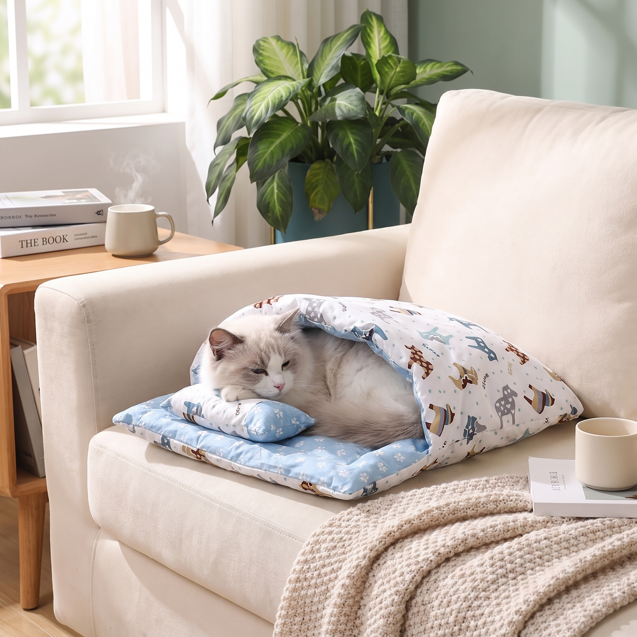 Deep-Sleep Cat Sleeping Bag - Self-Warming Burrower Bed & Thermal Hideaway with a relaxed cat resting on a couch in a cozy indoor setting
