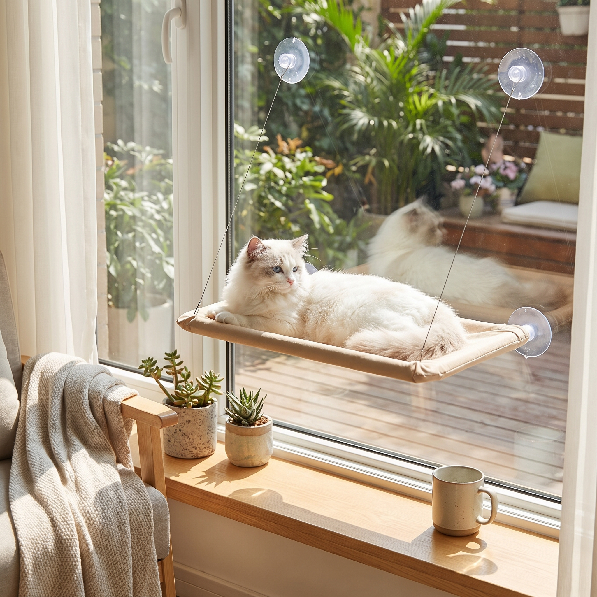 Foldable Cat Window Hammock - Space-Saving Suction Cup Perch & Elevated Sunbed with fluffy cat lounging by a sunny window overlooking a garden