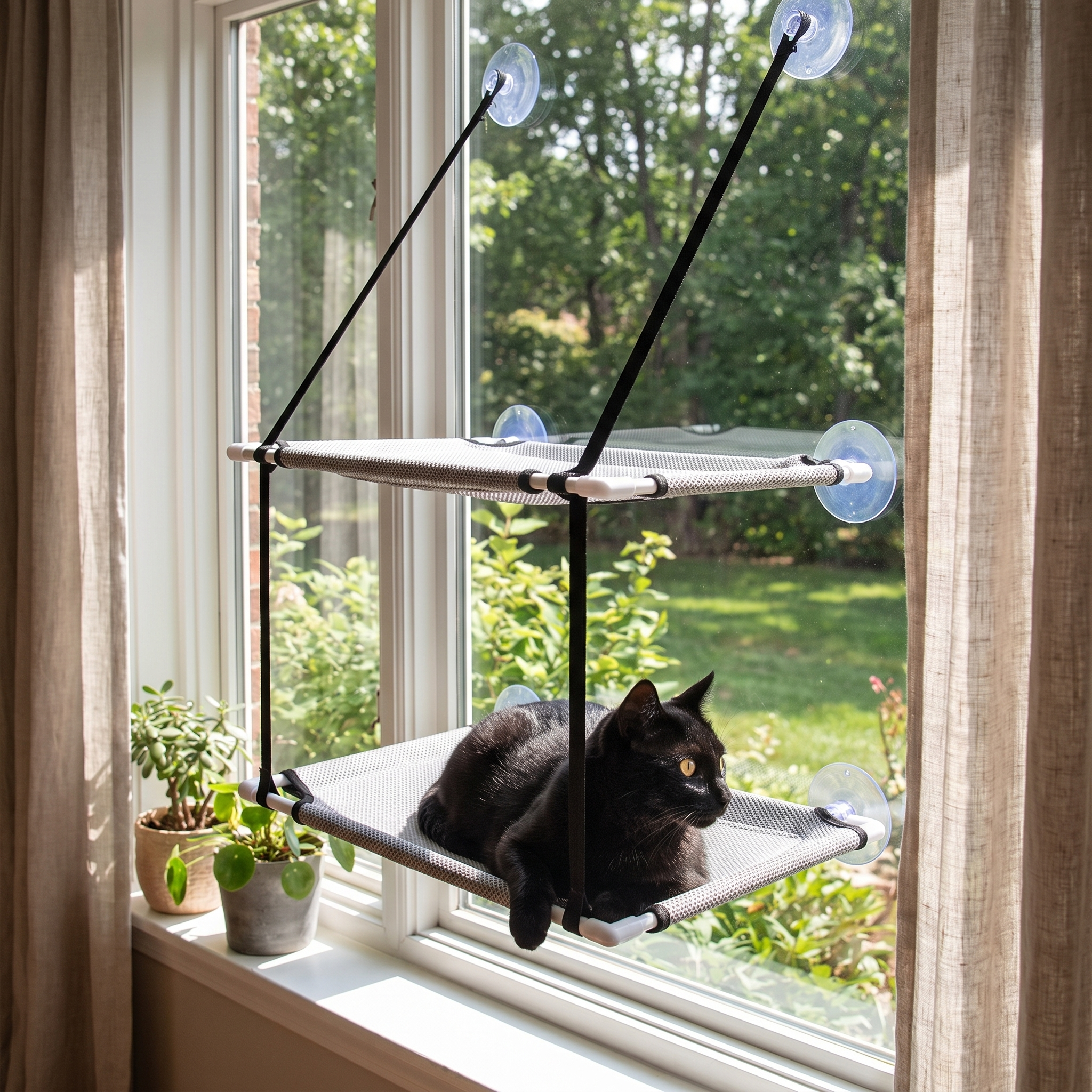 Double-Decker Cat Window Hammock - Multi-Level Sun Lounger & Space-Saving Glass-Mounted Perch with a black cat relaxing on the lower level by a sunny window